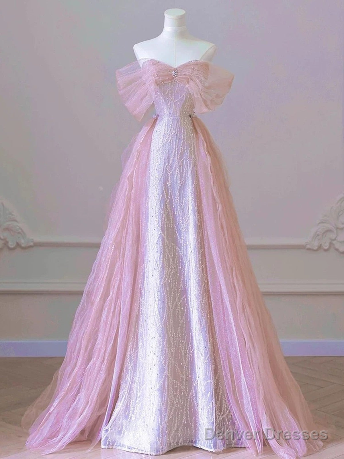 Pink Tulle And Sequins Off Shoulder Long Party Dress, Pink Beaded Chich Prom Dress Main image