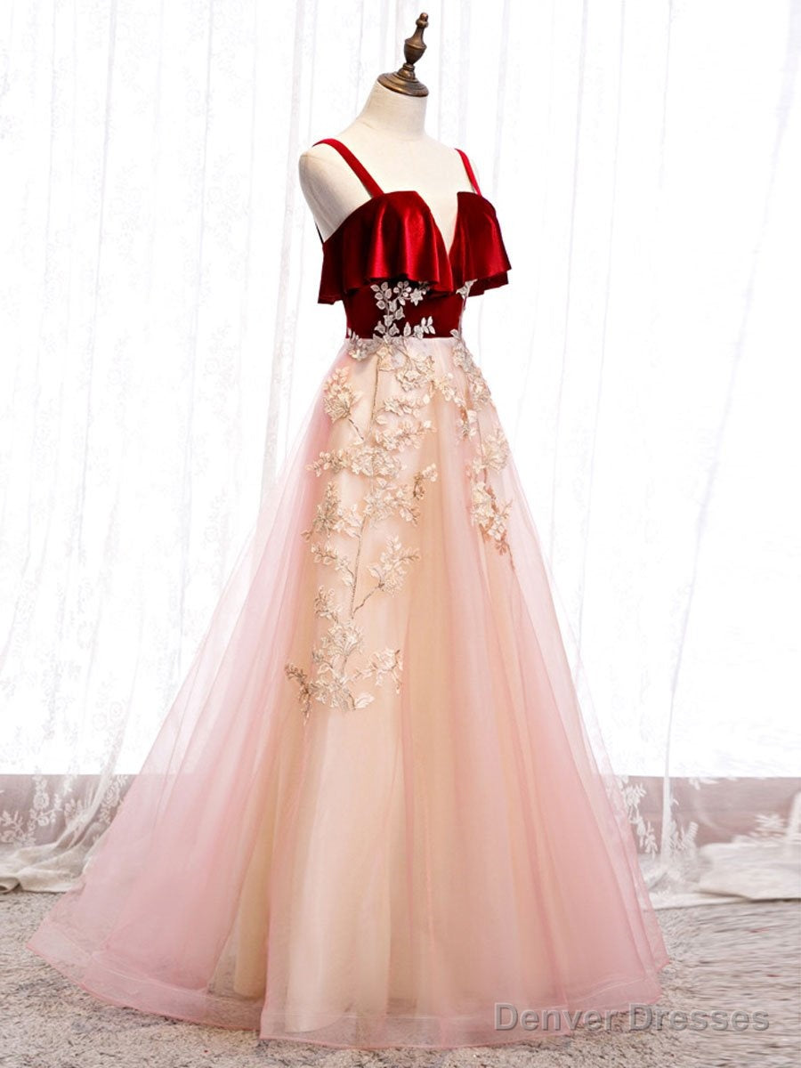 Pink Tulle and Velvet Long Lace Applique Straps Floor Length Party Dress, A-line Long Pink Prom Dress