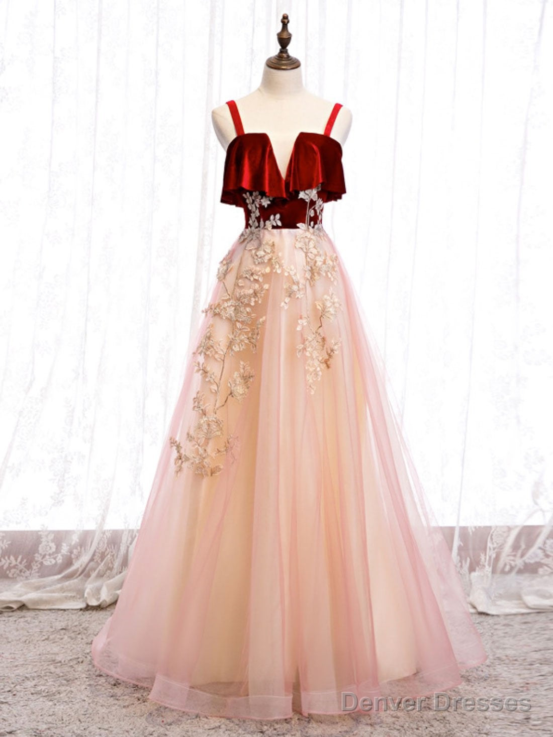 Pink Tulle and Velvet Long Lace Applique Straps Floor Length Party Dress, A-line Long Pink Prom Dress Secondary image