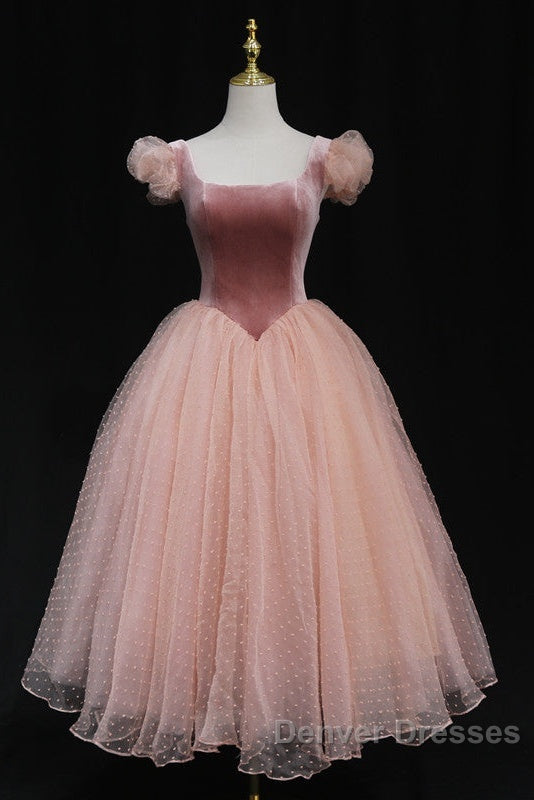 Pink Tulle And Velvet Short Sleeves Party Dress, Pink Tea Length Formal Dress Secondary image