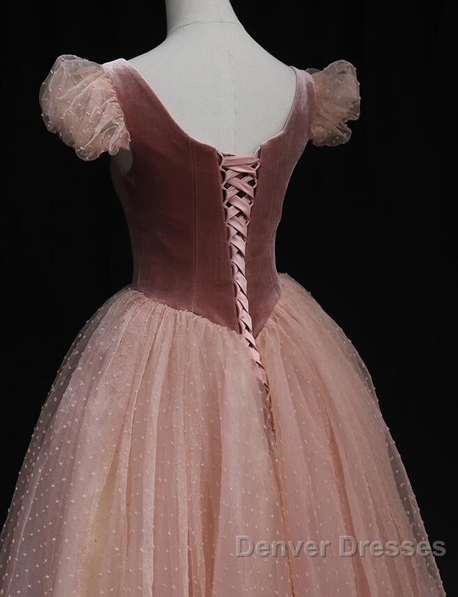 Pink Tulle And Velvet Short Sleeves Party Dress, Pink Tea Length Formal Dress
