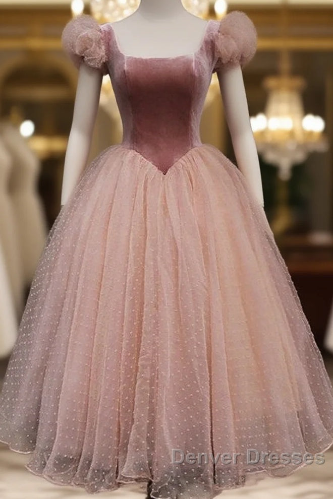 Pink Tulle And Velvet Short Sleeves Party Dress, Pink Tea Length Formal Dress Main image