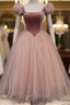 Pink Tulle And Velvet Short Sleeves Party Dress, Pink Tea Length Formal Dress