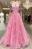 Pink Tulle Applique Long Prom Dress Pink Formal Dress