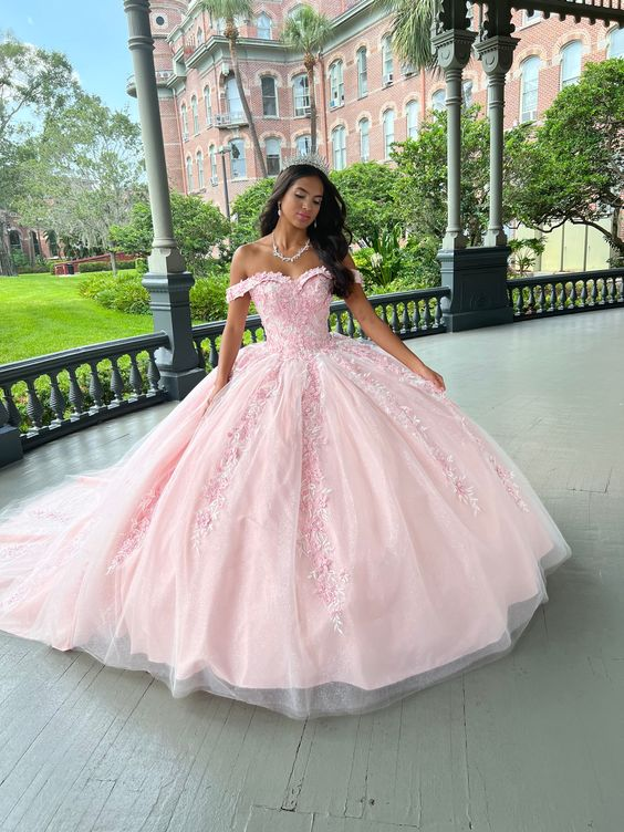 Pink Tulle Applique Long Prom Dress Quinceanera Dress Ball Gown Main image