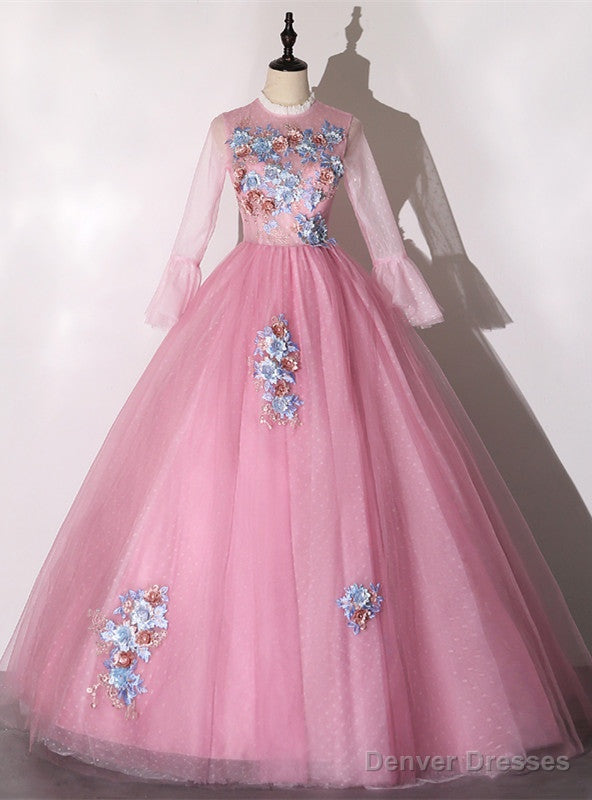 Pink Tulle Appliques Long Sleeve Quinceanera Dress Main image