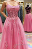 Pink Tulle Backless Lace Floral Long Prom Dress, Pink Lace Formal Dress, Pink Evening Dress