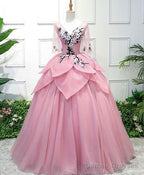 Pink Tulle Ball Gown Lace Sweet 16 Dress, Pink Quinceanera Gown With Flowers