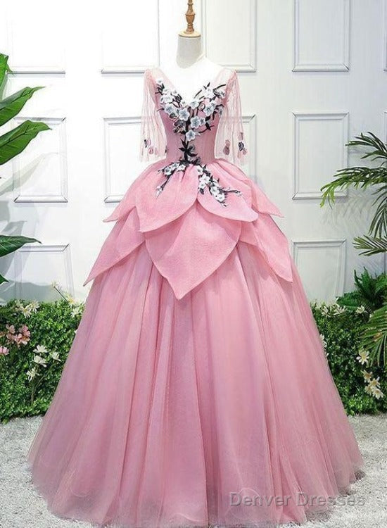 Pink Tulle Ball Gown Lace Sweet 16 Dress, Pink Quinceanera Gown With Flowers Main image