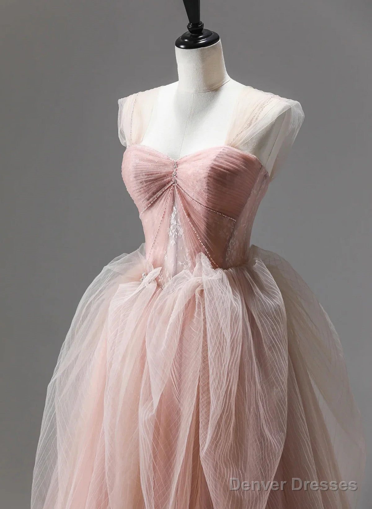 Pink Tulle Beaded Long Party Dress Prom Dress, Pink Floor Length Formal Dress Secondary image