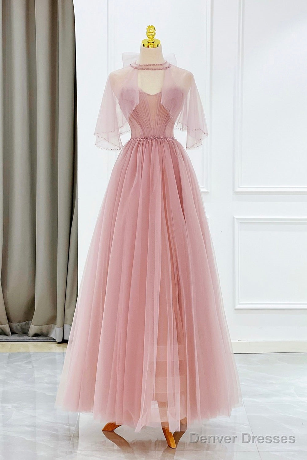 Pink Tulle Beaded Long Prom Dress, Lovely Pink Evening Dress Main image