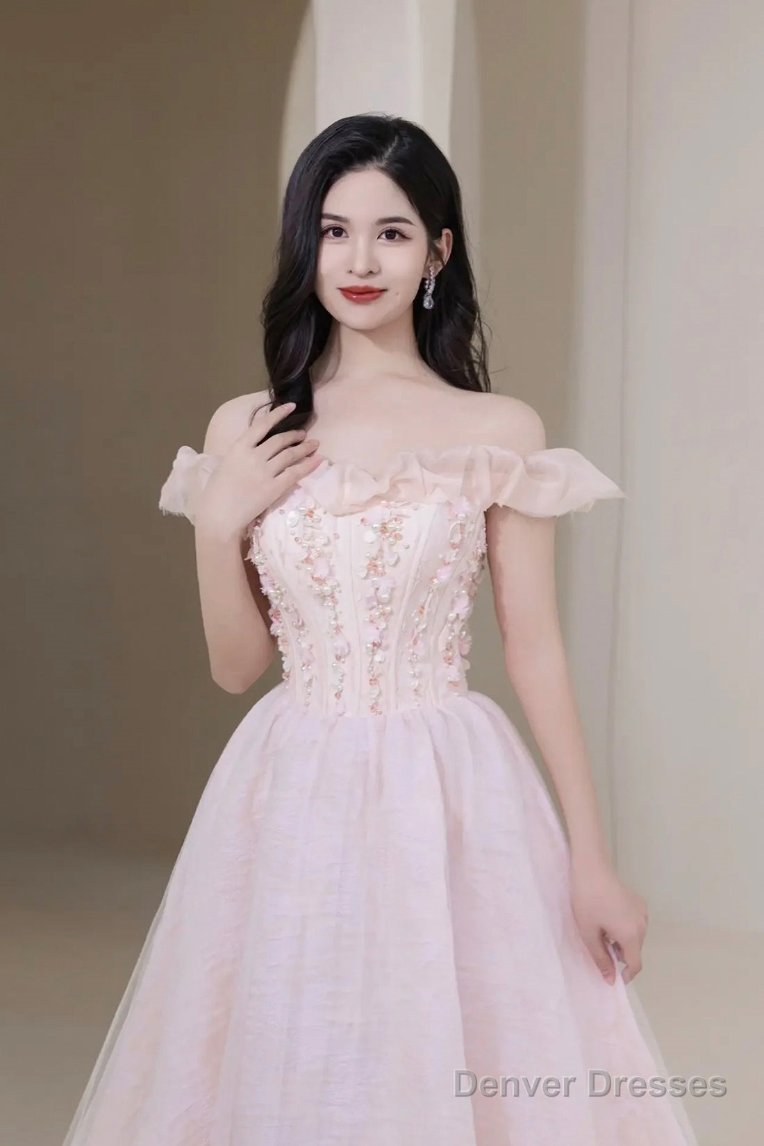 Pink Tulle Beaded Short Prom Dress, Pink Off Shoulder Evening Party Dress Secondary image