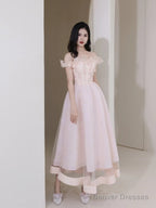 Pink Tulle Beaded Short Prom Dress, Pink Off Shoulder Evening Party Dress