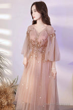 Pink Tulle Beaded Tea Length Wedding Party Dress, Pink Tulle Short Homecoming Dress