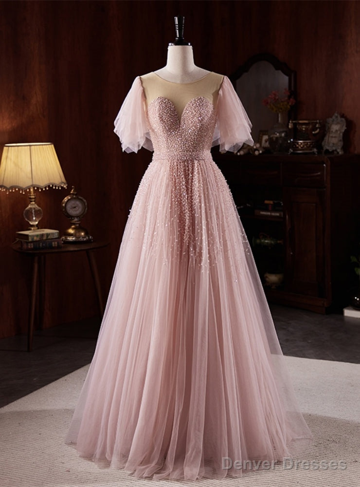 Pink Tulle Beading Backless Prom Dress Main image