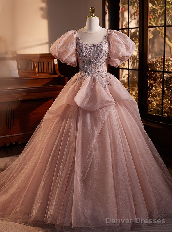 Pink Tulle Beading Puff Sleeve Quinceanera Dress Main image
