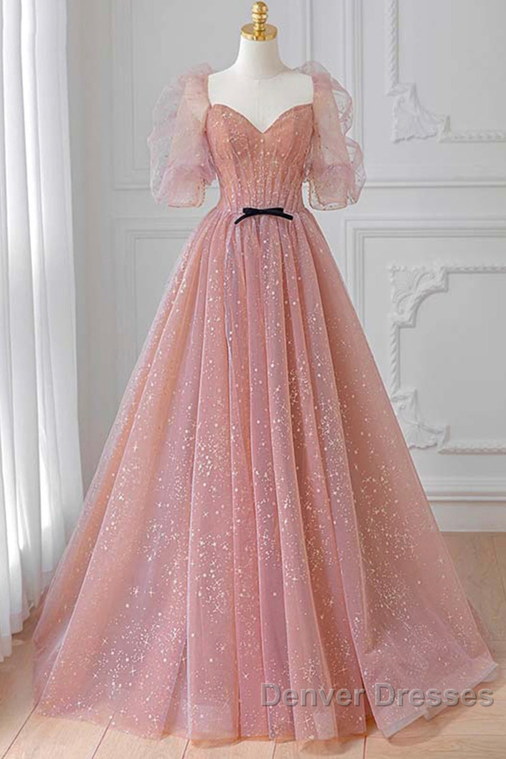 Pink Tulle Beautiful Puffy Sleeves Long Prom Dress, Pink A-Line Evening Dress Secondary image