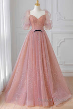 Pink Tulle Beautiful Puffy Sleeves Long Prom Dress, Pink A-Line Evening Dress