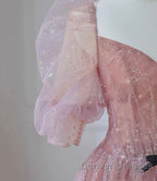 Pink Tulle Beautiful Puffy Sleeves Long Prom Dress, Pink A-Line Evening Dress