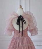 Pink Tulle Beautiful Puffy Sleeves Long Prom Dress, Pink A-Line Evening Dress