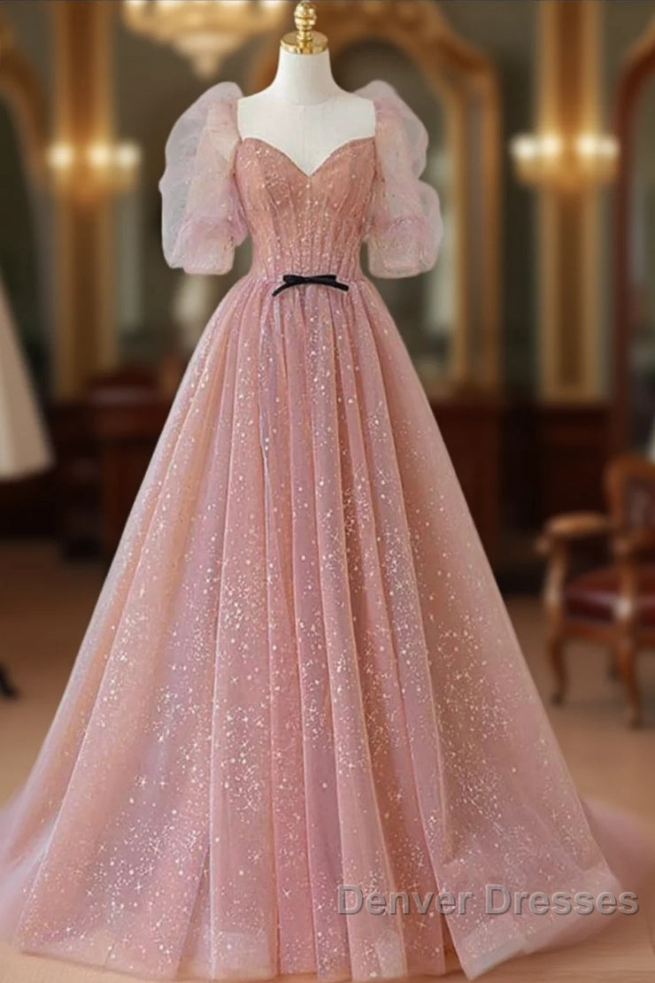 Pink Tulle Beautiful Puffy Sleeves Long Prom Dress, Pink A-Line Evening Dress Main image