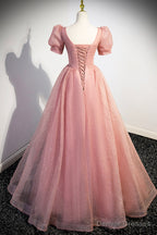Pink Tulle Floor Length Prom Dress, Cute Short Sleeve Evening Dress