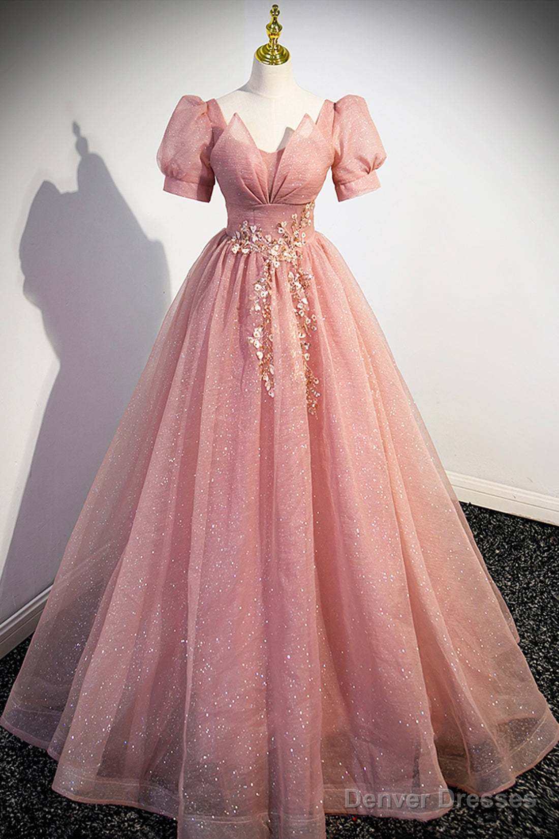 Pink Tulle Floor Length Prom Dress, Cute Short Sleeve Evening Dress Main image