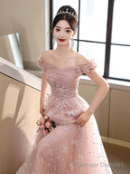 Pink Tulle Floor Length Prom Dress With Butterfly Sequins, Beautiful Off The Shoulder Evening Dress