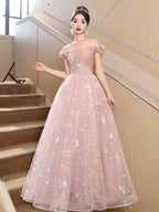 Pink Tulle Floor Length Prom Dress With Butterfly Sequins, Beautiful Off The Shoulder Evening Dress