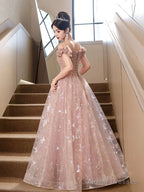 Pink Tulle Floor Length Prom Dress With Butterfly Sequins, Beautiful Off The Shoulder Evening Dress