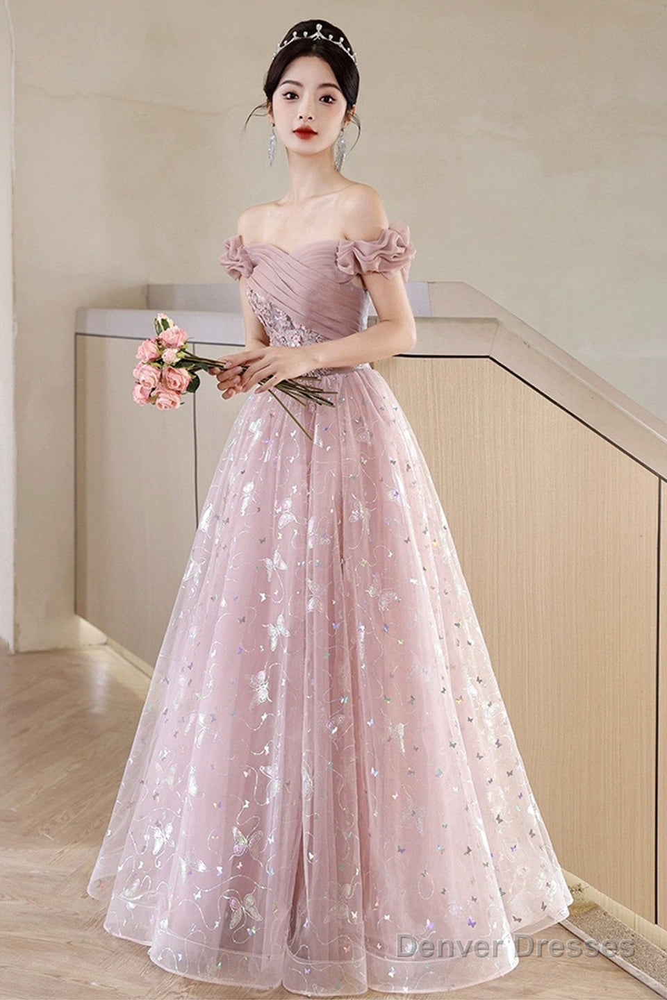 Pink Tulle Floor Length Prom Dress With Butterfly Sequins, Beautiful Off The Shoulder Evening Dress