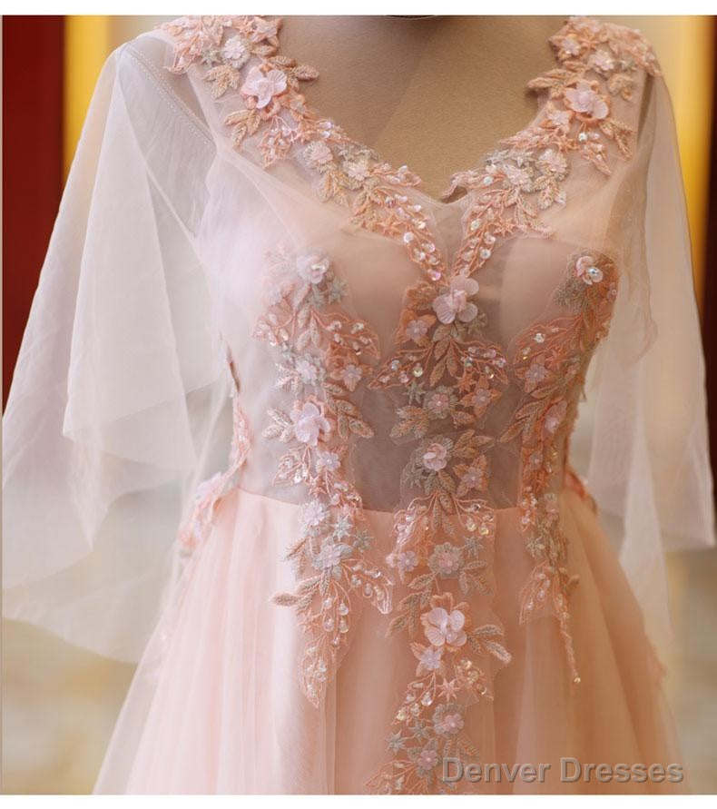 Pink Tulle Floral Applique Prom Dresses, Puff Sleeves Long Formal Dress Secondary image