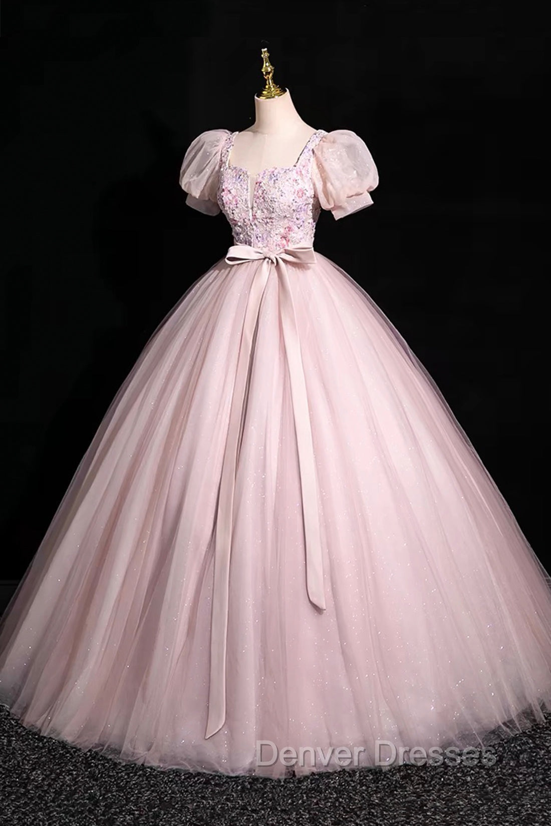 Pink Tulle Floral Floor Length Prom Dress, A-Line Short Sleeve Evening Dress Secondary image