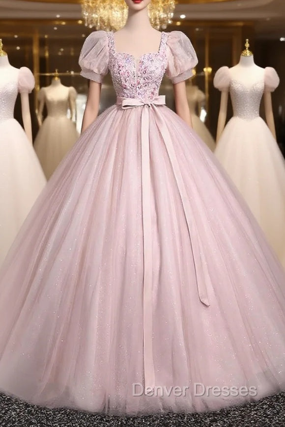 Pink Tulle Floral Floor Length Prom Dress, A-Line Short Sleeve Evening Dress Main image