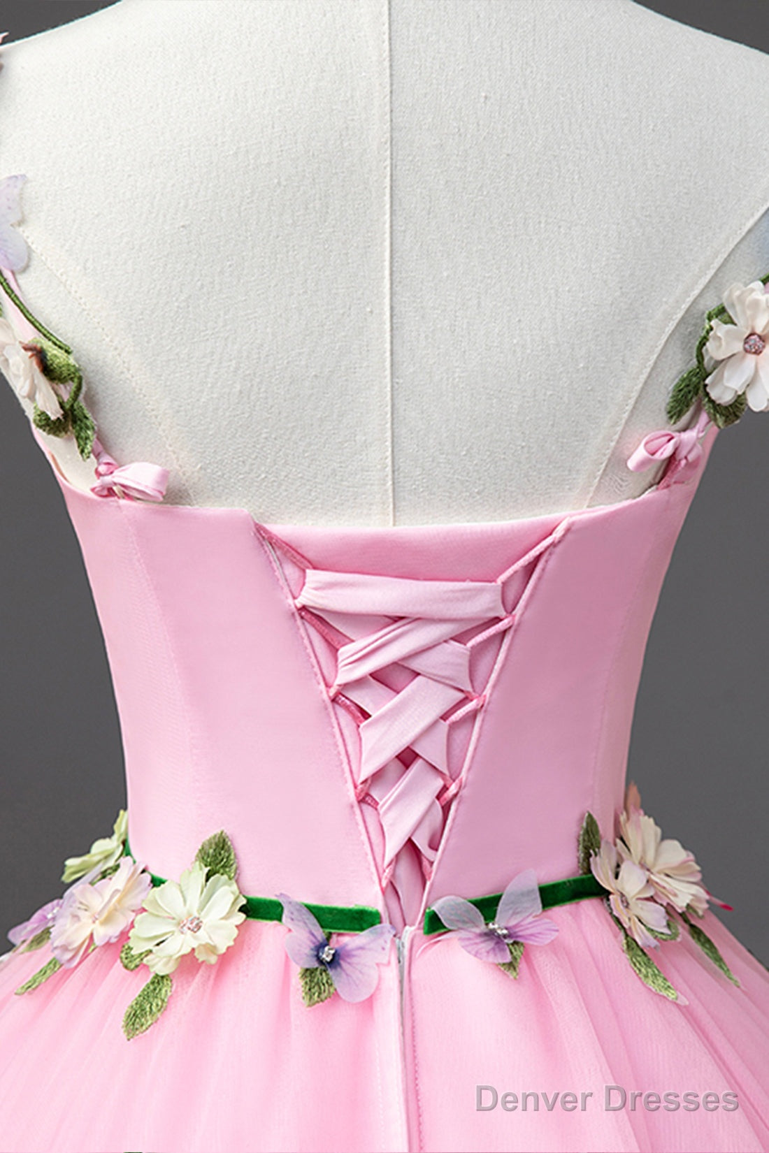 Pink Tulle Flower Long Prom Dresses, Cute Spaghetti Sweet 16 Dresses