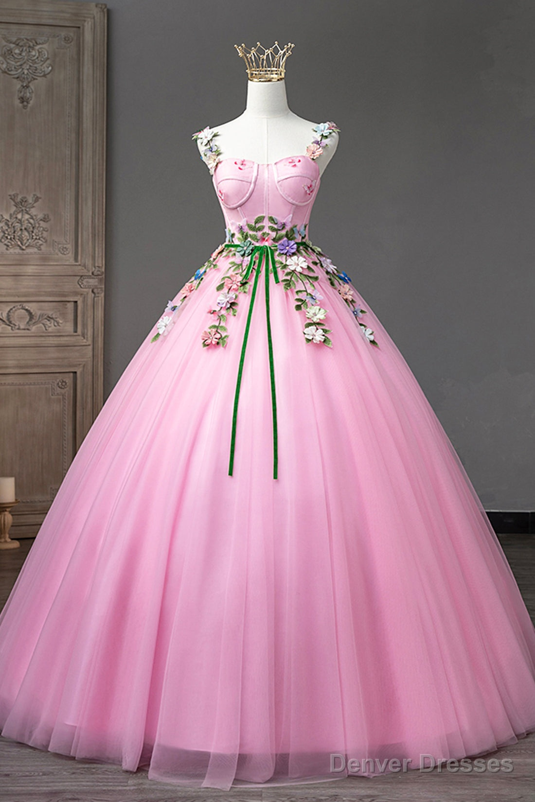 Pink Tulle Flower Long Prom Dresses, Cute Spaghetti Sweet 16 Dresses Secondary image