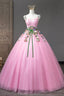 Pink Tulle Flower Long Prom Dresses, Cute Spaghetti Sweet 16 Dresses