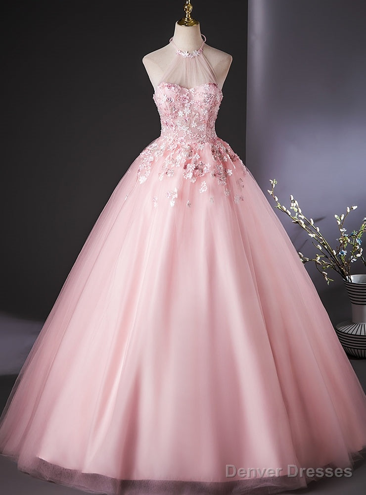 Pink Tulle Halter Flower Quinceanera Dress Main image