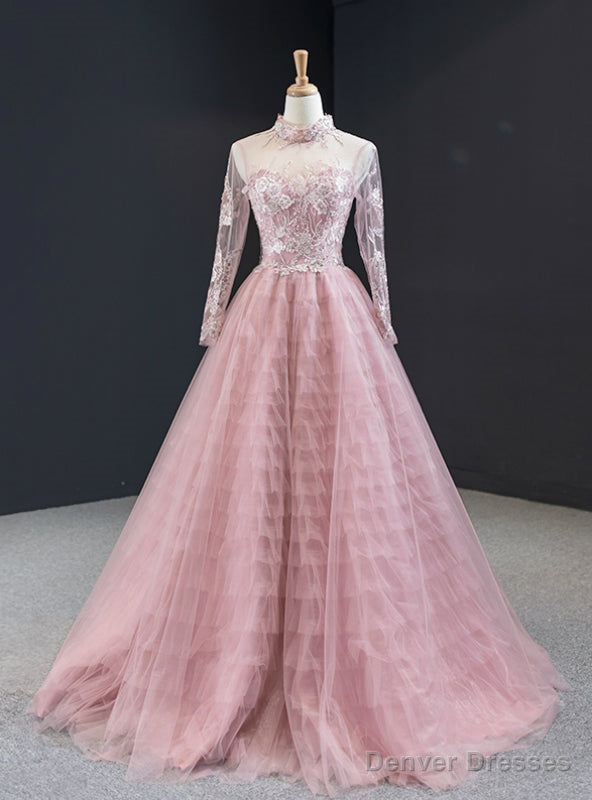 Pink Tulle High Neck Long Sleeve Backless Appliques Prom Dress Main image
