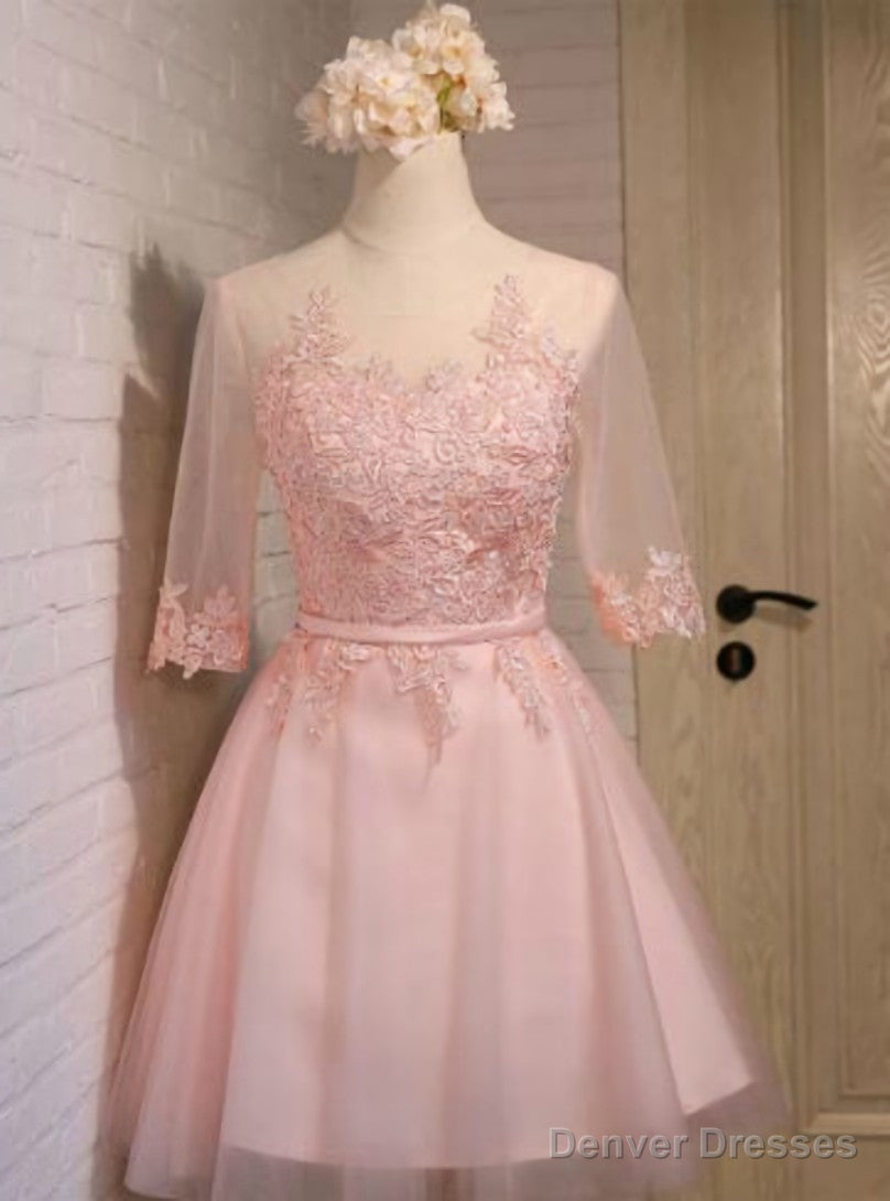 Pink Tulle Lace 3/4 Sleeve Homecoming Dress Main image