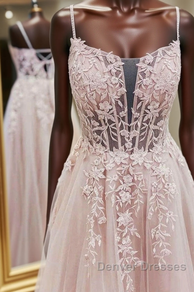Pink tulle lace A line long prom Dress, pink lace evening Dress Main image