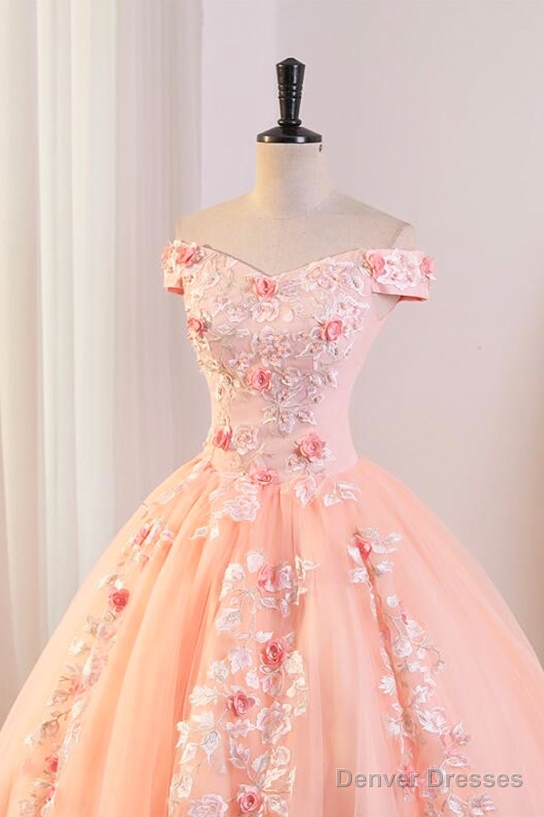 Pink Tulle Lace and Flowers Ball Gown Formal Dresses, Pink Long Sweet 16 Dresses
