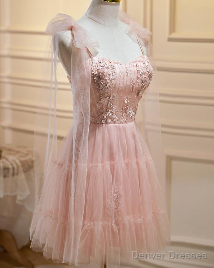 Pink Tulle Lace and Flowers Short Homecoming Dress, Cute Pink Party Dress Main image