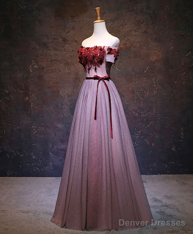 Pink Tulle Lace Applique Long Prom Dress, Burgundy Lace Evening Dress Main image