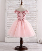 Pink Tulle Lace Applique Short Flower Girl Dresses