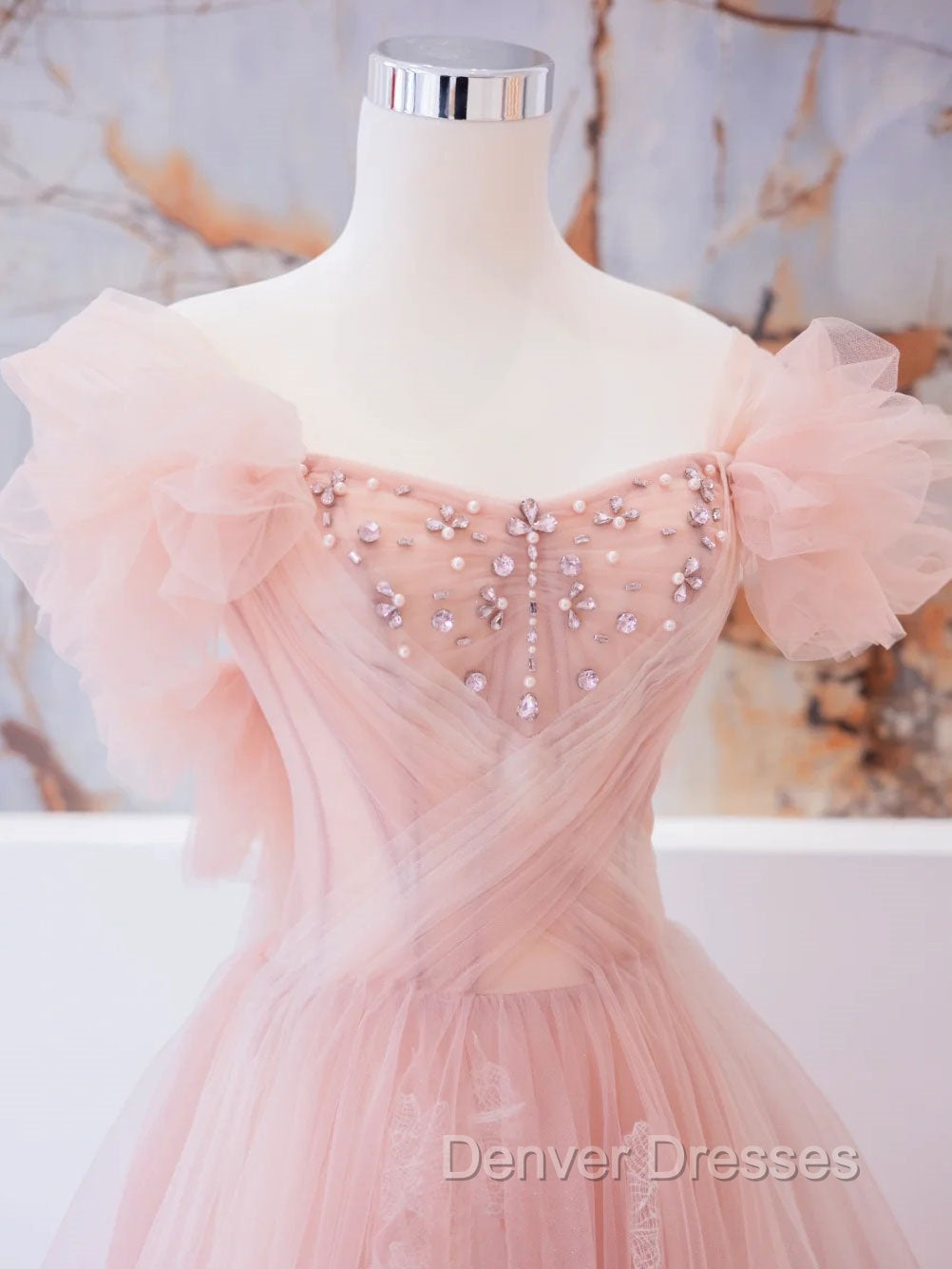 Pink Tulle Lace Beads Long Prom Dress, Pink A Line Evening Dress Secondary image
