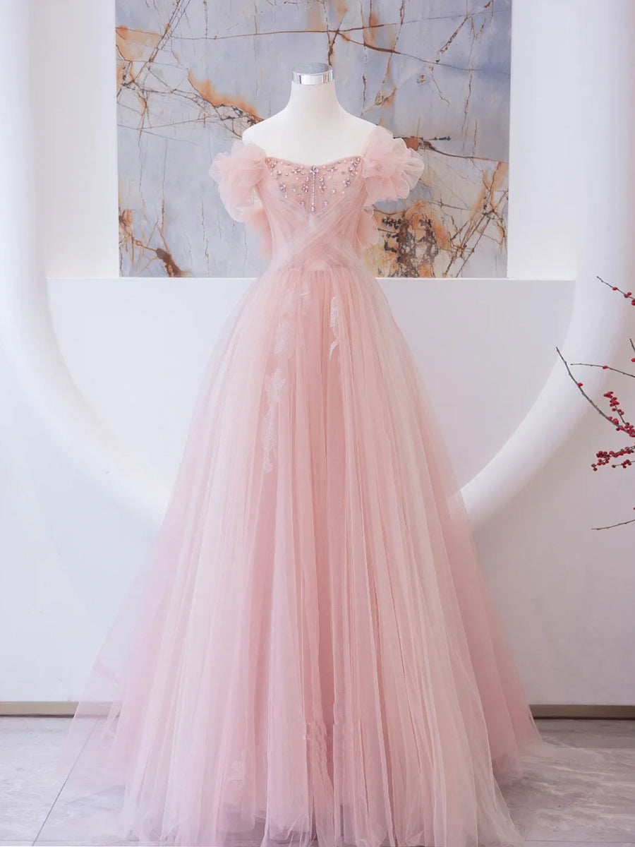 Pink Tulle Lace Beads Long Prom Dress, Pink A Line Evening Dress Main image