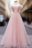 Pink Tulle Lace Beads Long Prom Dress, Pink A Line Evening Dress
