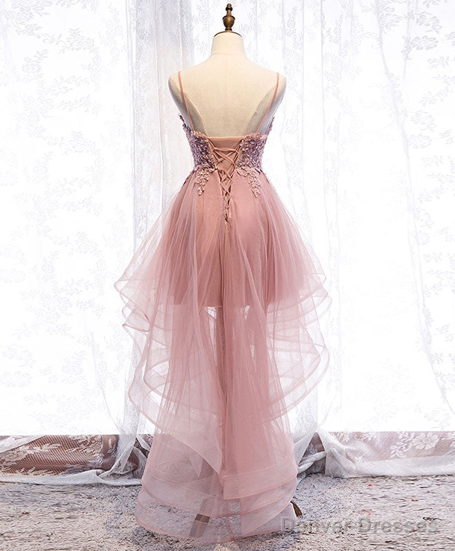 Pink Tulle Lace High Low Prom Dress, Pink Homecoming Dress Secondary image