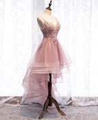 Pink Tulle Lace High Low Prom Dress, Pink Homecoming Dress